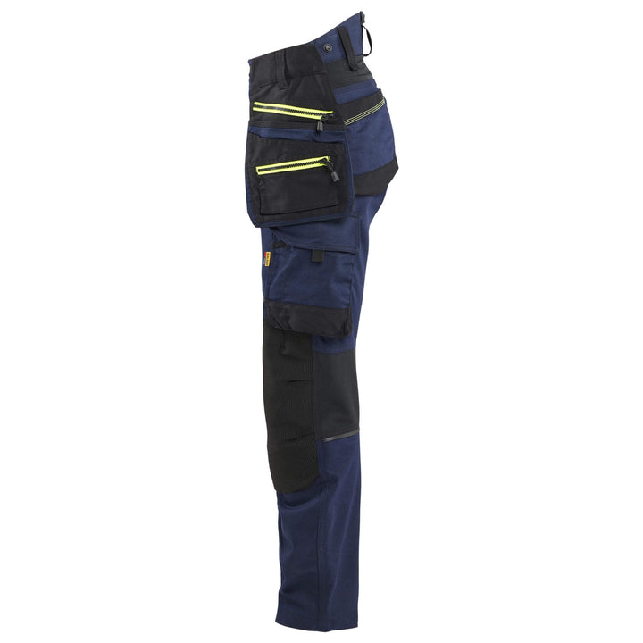 Blaklader 71701149 STRIKER Ladies Craftsman Stretch Knee Pad Trousers Dark Navy Blue/Hi-Vis Yellow Left #colour_dark-navy-blue-hi-vis-yellow