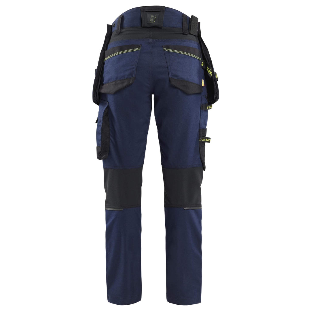 Blaklader 71701149 STRIKER Ladies Craftsman Stretch Knee Pad Trousers Dark Navy Blue/Hi-Vis Yellow Rear #colour_dark-navy-blue-hi-vis-yellow
