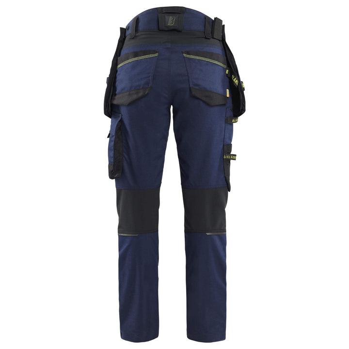 Blaklader 71701149 STRIKER Ladies Craftsman Stretch Knee Pad Trousers Dark Navy Blue/Hi-Vis Yellow Rear #colour_dark-navy-blue-hi-vis-yellow