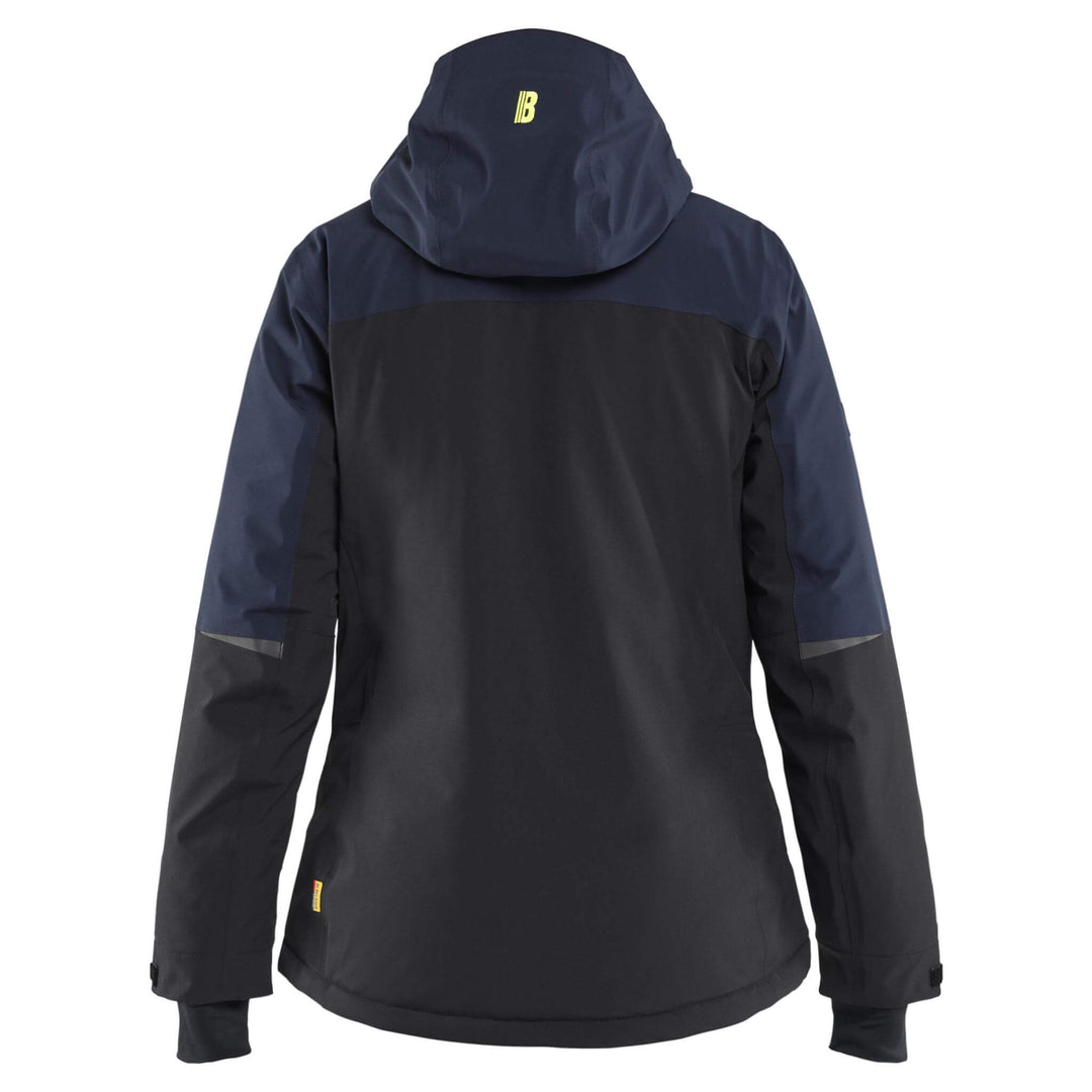 Blaklader 47071917 STRIKER Ladies Stretch Insulated Waterproof Winter Jacket Dark Navy Blue/Hi-Vis Yellow Rear #colour_dark-navy-blue-hi-vis-yellow