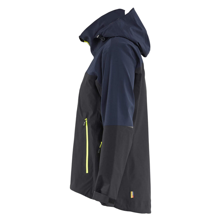 Blaklader 47081916 STRIKER Ladies Waterproof Hooded Stretch Shell Jacket Dark Navy Blue/Hi-Vis Yellow Left #colour_dark-navy-blue-hi-vis-yellow
