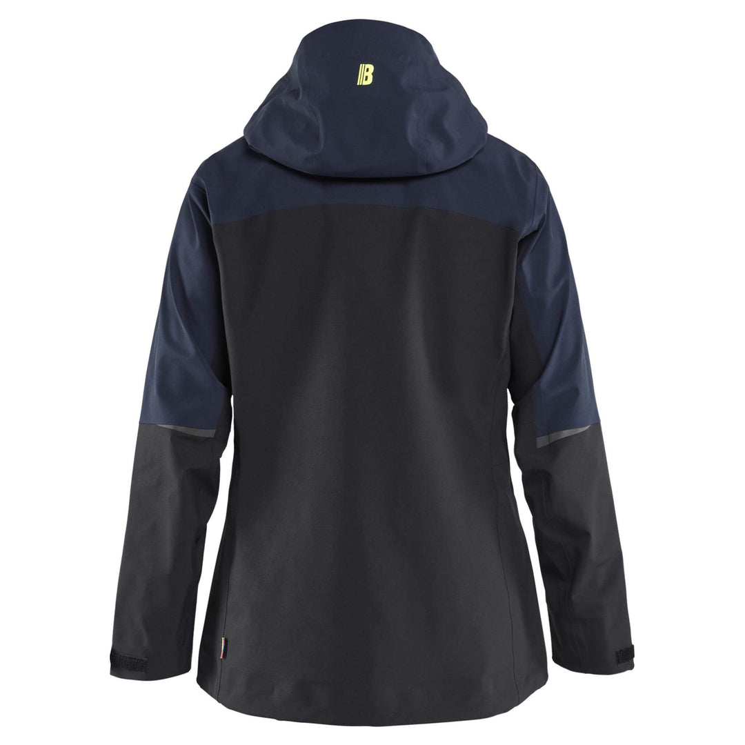 Blaklader 47081916 STRIKER Ladies Waterproof Hooded Stretch Shell Jacket Dark Navy Blue/Hi-Vis Yellow Rear #colour_dark-navy-blue-hi-vis-yellow