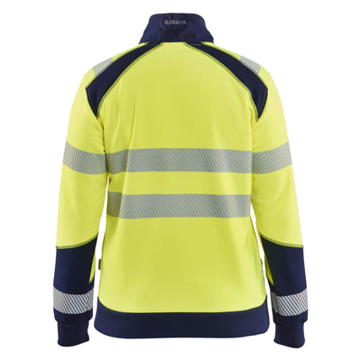 Blaklader 35082528 Womens Hi-Vis Sweatshirt With Zipper and Kangaroo Pocket Yellow/Navy Blue Rear #colour_yellow-navy-blue