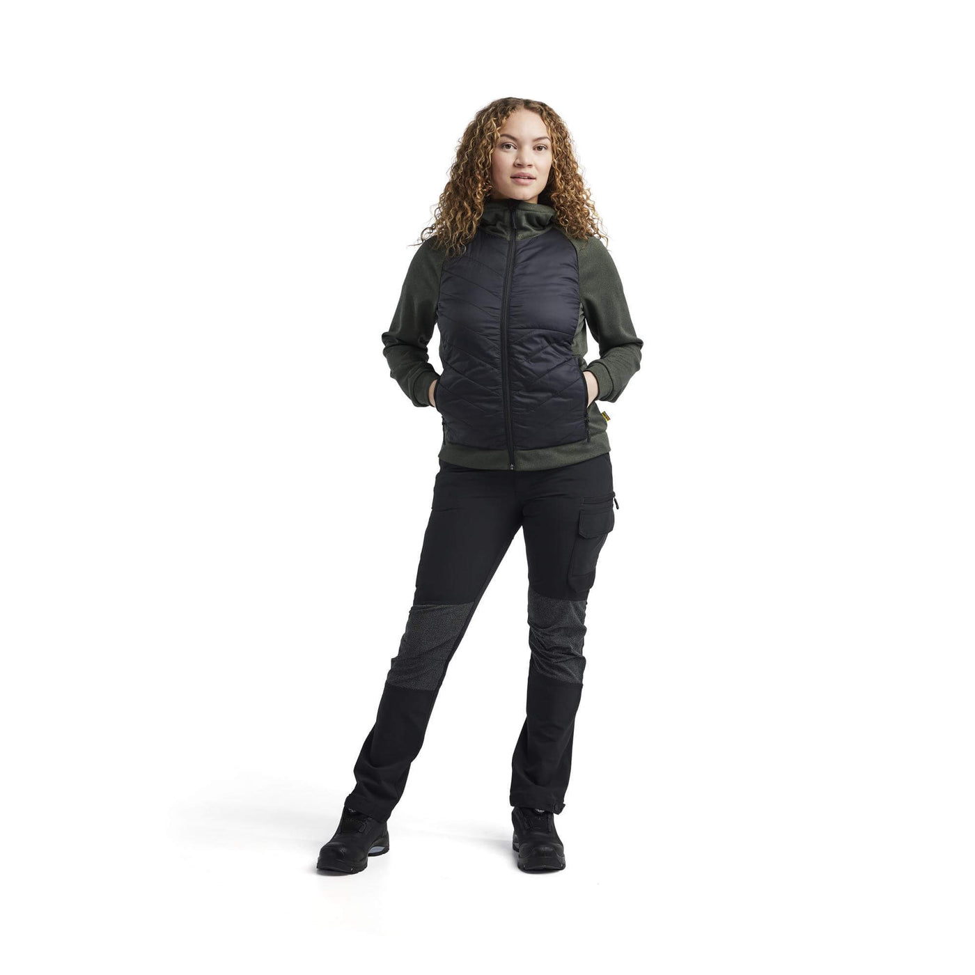 Blaklader 34642533 Womens Hybrid Zip Sweatshirt Jacket Autumn Green/Black Model Front #colour_autumn-green-black