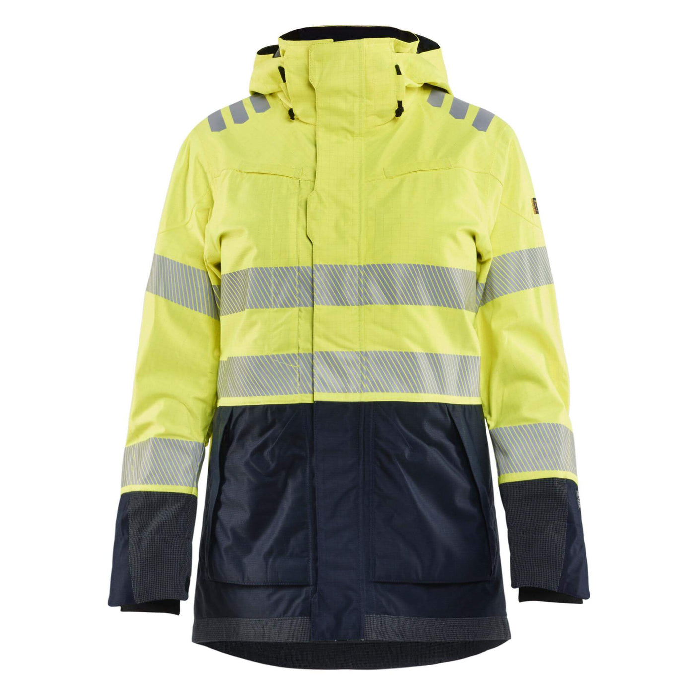Blaklader 44491532 Womens Multinorm Flame Retardant Waterproof Shell Jacket Yellow/Navy Blue Main #colour_yellow-navy-blue