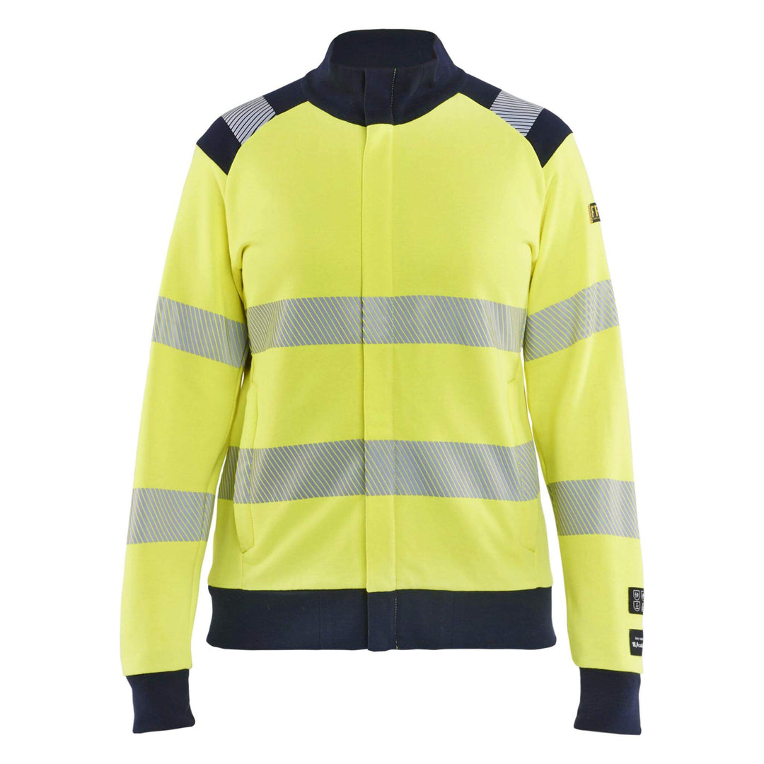 Blaklader 34711762 Womens Multinorm Hi-Vis Flame Retardant Sweatshirt with Metal-Free Zip Yellow/Navy Blue Main #colour_yellow-navy-blue