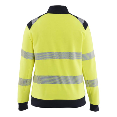 Blaklader 34711762 Womens Multinorm Hi-Vis Flame Retardant Sweatshirt with Metal-Free Zip Yellow/Navy Blue Rear #colour_yellow-navy-blue