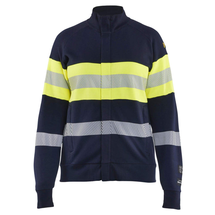 Blaklader 34721762 Womens Multinorm Metal-Free Flame Retardant Hi-Vis Zip Sweatshirt Navy Blue/Hi-Vis Yellow Main #colour_navy-blue-hi-vis-yellow