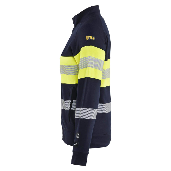 Blaklader 34721762 Womens Multinorm Metal-Free Flame Retardant Hi-Vis Zip Sweatshirt Navy Blue/Hi-Vis Yellow Left #colour_navy-blue-hi-vis-yellow