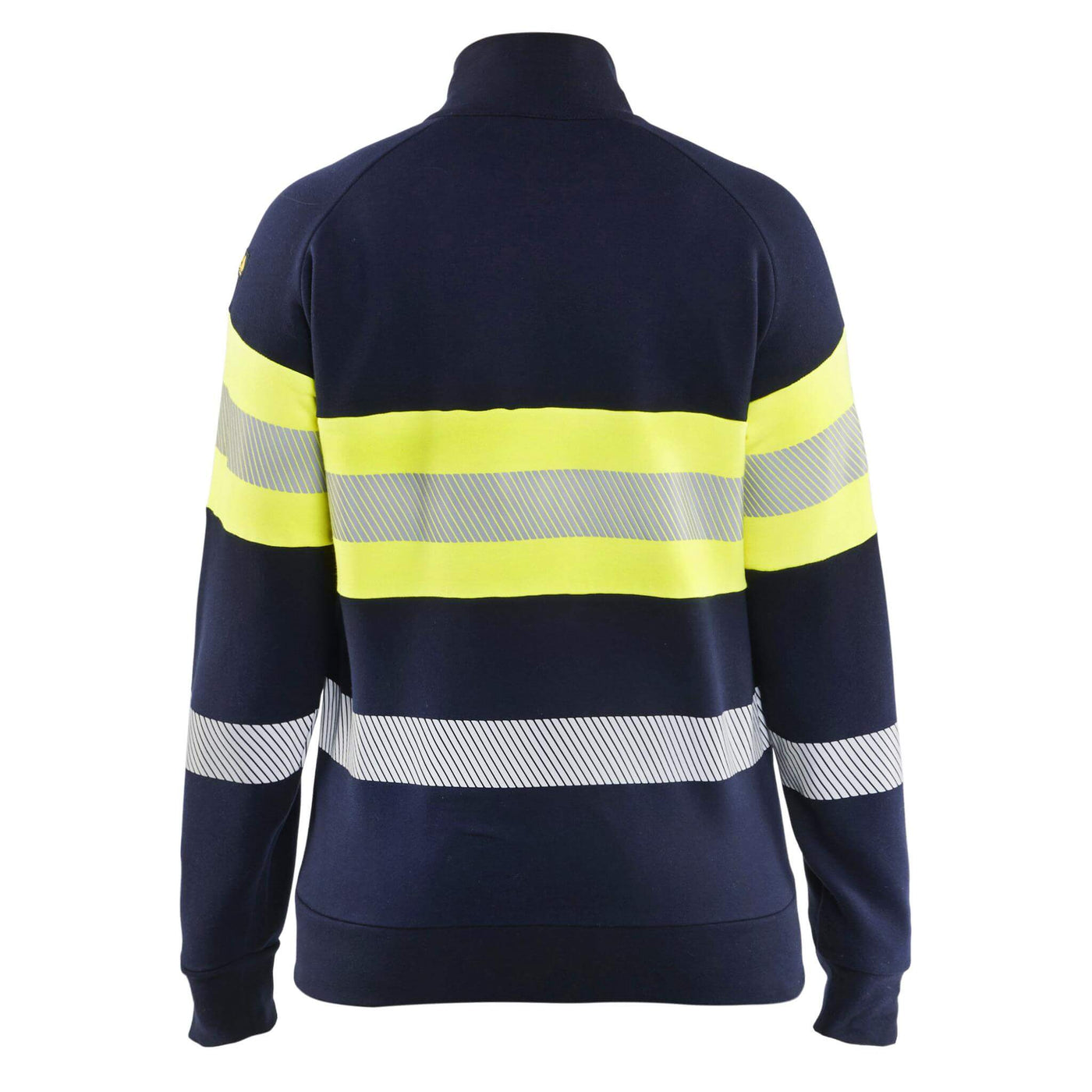 Blaklader 34721762 Womens Multinorm Metal-Free Flame Retardant Hi-Vis Zip Sweatshirt Navy Blue/Hi-Vis Yellow Rear #colour_navy-blue-hi-vis-yellow