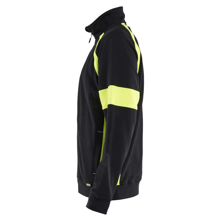 Blaklader 35671158 Zip Sweatshirt with Hi-Vis Sections (no-certified) Black/Hi-Vis Yellow Left #colour_black-hi-vis-yellow
