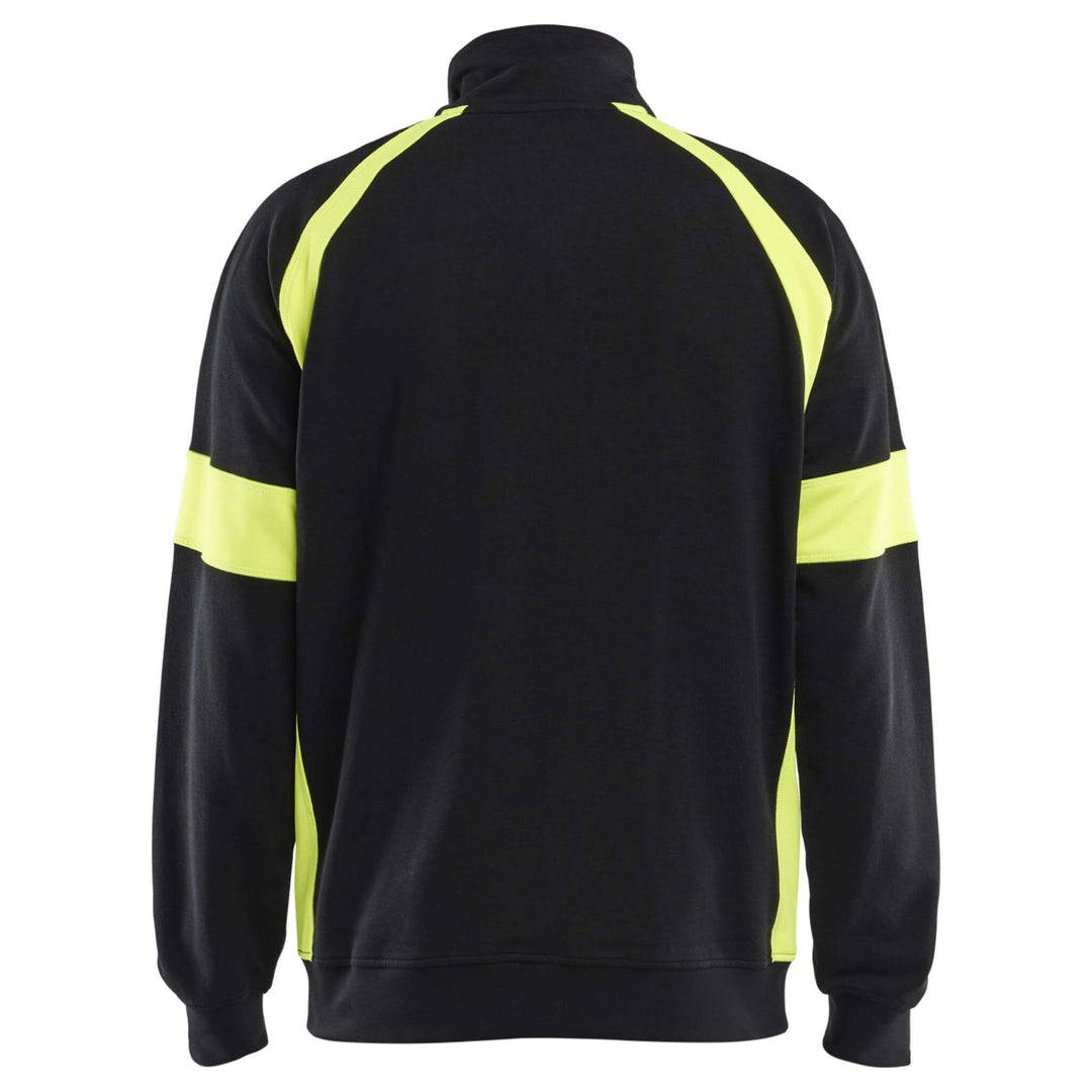 Blaklader 35671158 Zip Sweatshirt with Hi-Vis Sections (no-certified) Black/Hi-Vis Yellow Rear #colour_black-hi-vis-yellow