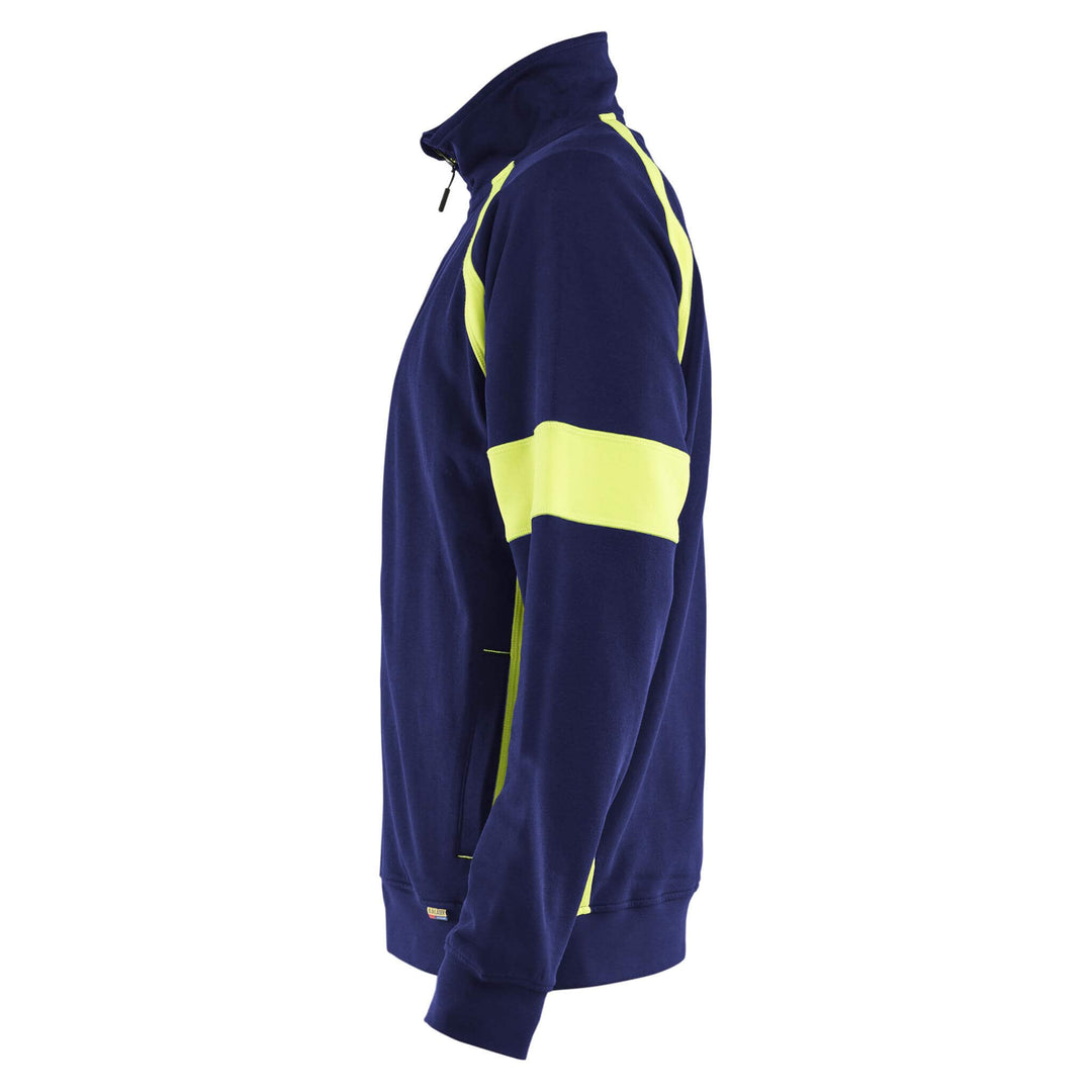 Blaklader 35671158 Zip Sweatshirt with Hi-Vis Sections (no-certified) Navy Blue/Hi-Vis Yellow Left #colour_navy-blue-hi-vis-yellow