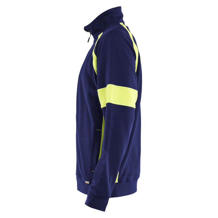 Blaklader 35671158 Zip Sweatshirt with Hi-Vis Sections (no-certified) Navy Blue/Hi-Vis Yellow Left #colour_navy-blue-hi-vis-yellow