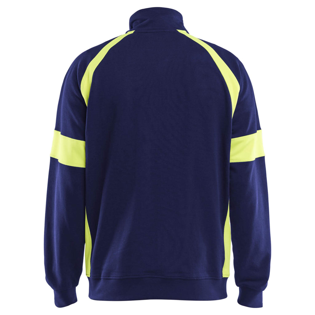 Blaklader 35671158 Zip Sweatshirt with Hi-Vis Sections (no-certified) Navy Blue/Hi-Vis Yellow Rear #colour_navy-blue-hi-vis-yellow