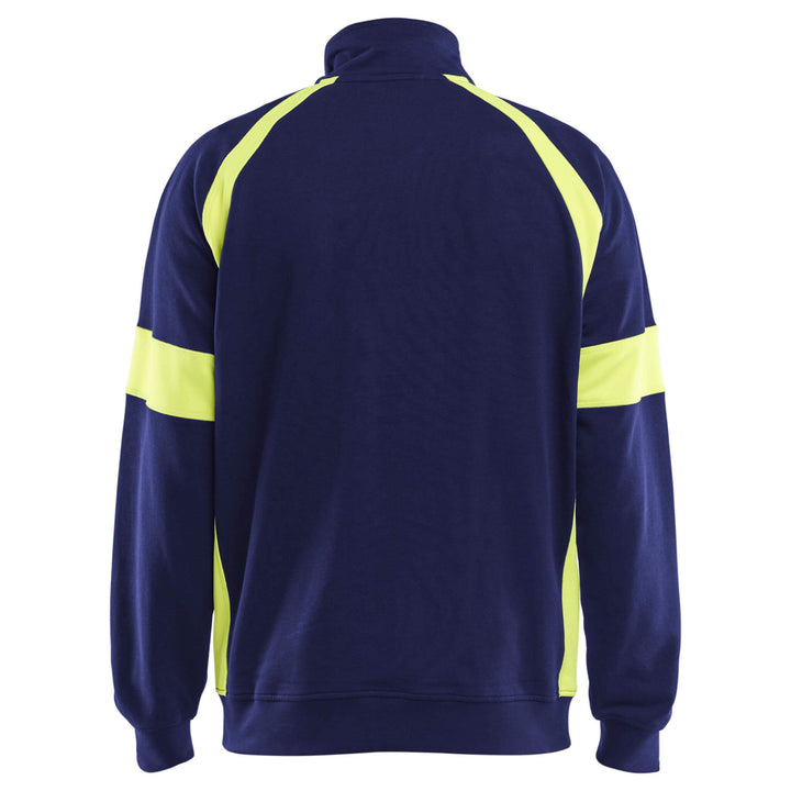 Blaklader 35671158 Zip Sweatshirt with Hi-Vis Sections (no-certified) Navy Blue/Hi-Vis Yellow Rear #colour_navy-blue-hi-vis-yellow