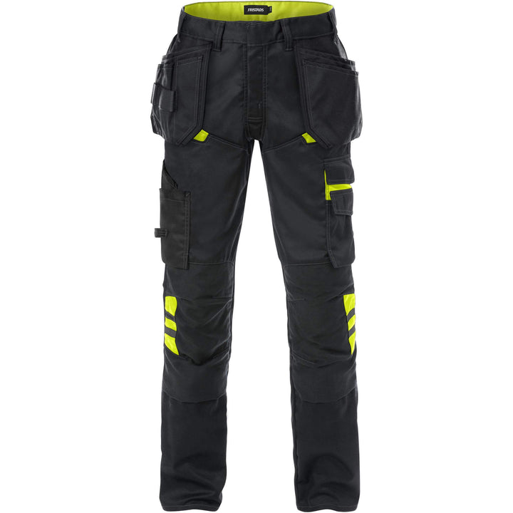 Fristads Craftsman Mechanical Stretch Holster Pocket Trousers - 2595 STFP Black/Hi-Vis Yellow Front1#colour_black-hi-vis-yellow