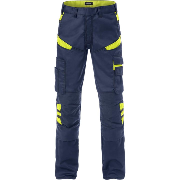 Fristads Durable Lightweight Mechanical Stretch Trousers - 2555 STFP Navy/Hi-Vis Yellow Front1#colour_navy-hi-vis-yellow