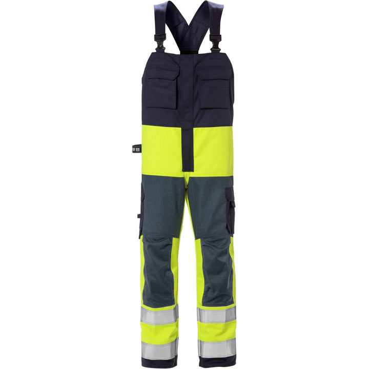 Fristads Flame Retardant Arc and Multi-Protective Hi-Vis Bib and Brace Class 2 - 1584 FLAM Hi-Vis Yellow/Navy Front1#colour_hi-vis-yellow-navy