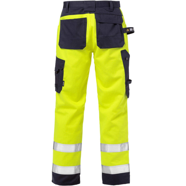 Fristads Flame Retardant Arc and Multi-Protective Hi-Vis Craftsman Trousers Class 2 - 2584 FLAM Hi-Vis Yellow/Navy Back1#colour_hi-vis-yellow-navy