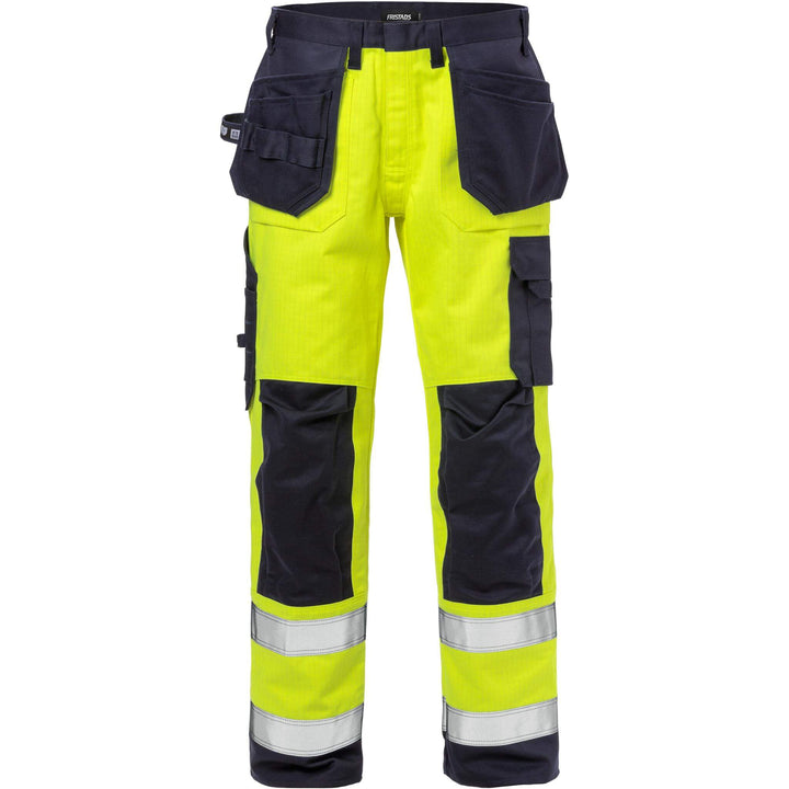Fristads Flame Retardant Arc and Multi-Protective Hi-Vis Craftsman Trousers Class 2 - 2584 FLAM Hi-Vis Yellow/Navy Front1#colour_hi-vis-yellow-navy