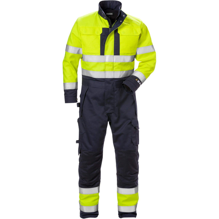 Fristads Flame Retardant Arc and Multi-Protective Hi-Vis Insulated Winter Coverall Class 3 - 8088 FLAM Hi-Vis Yellow/Navy Front1#colour_hi-vis-yellow-navy