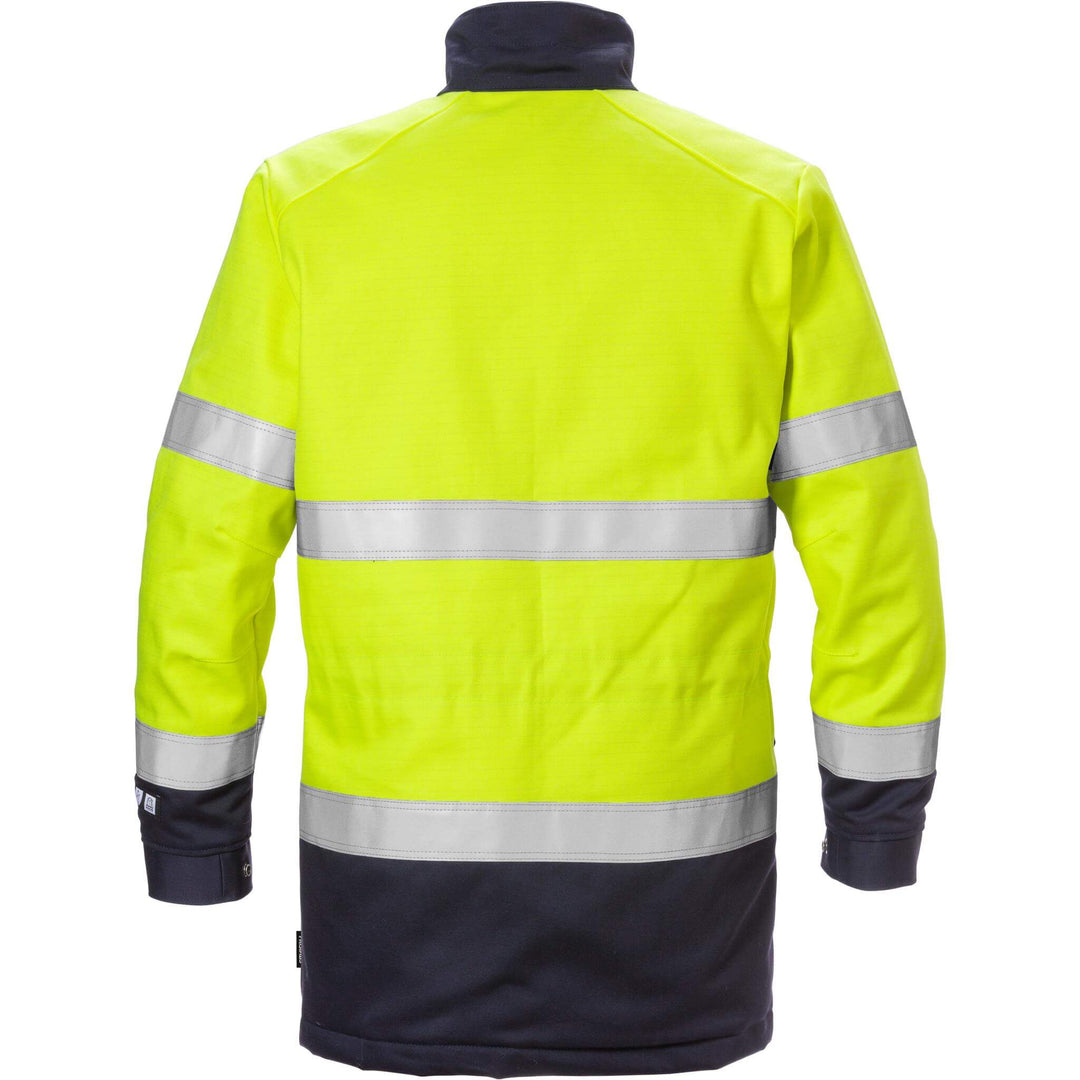 Fristads Flame Retardant Arc and Multi-Protective Hi-Vis Insulated Winter Parka Class 3 - 4589 FLAM Hi-Vis Yellow/Navy Back1#colour_hi-vis-yellow-navy