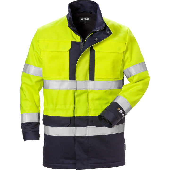 Fristads Flame Retardant Arc and Multi-Protective Hi-Vis Insulated Winter Parka Class 3 - 4589 FLAM Hi-Vis Yellow/Navy Front1#colour_hi-vis-yellow-navy