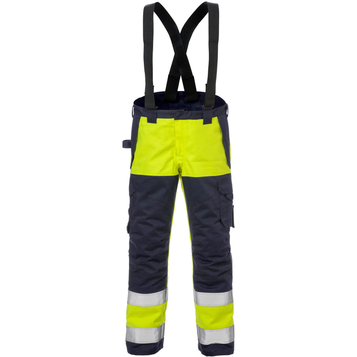 Fristads Flame Retardant Arc and Multi-Protective Hi-Vis Insulated Winter Trousers Class 2 - 2588 FLAM Hi-Vis Yellow/Navy Front1#colour_hi-vis-yellow-navy