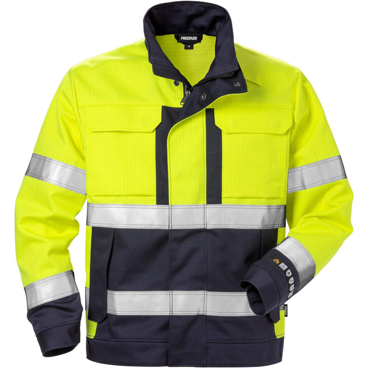 Fristads Flame Retardant Arc and Multi-Protective Hi-Vis Jacket Class 3 - 4584 FLAM Hi-Vis Yellow/Navy Front1#colour_hi-vis-yellow-navy