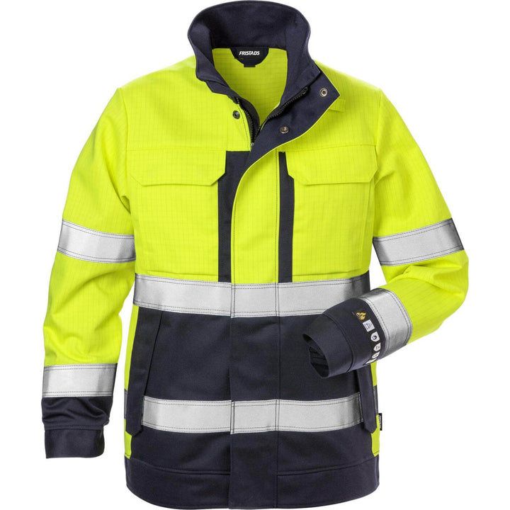 Fristads Flame Retardant Arc and Multi-Protective Hi-Vis Jacket Class 3 - 4590 FLAM Hi-Vis Yellow/Navy Front1#colour_hi-vis-yellow-navy