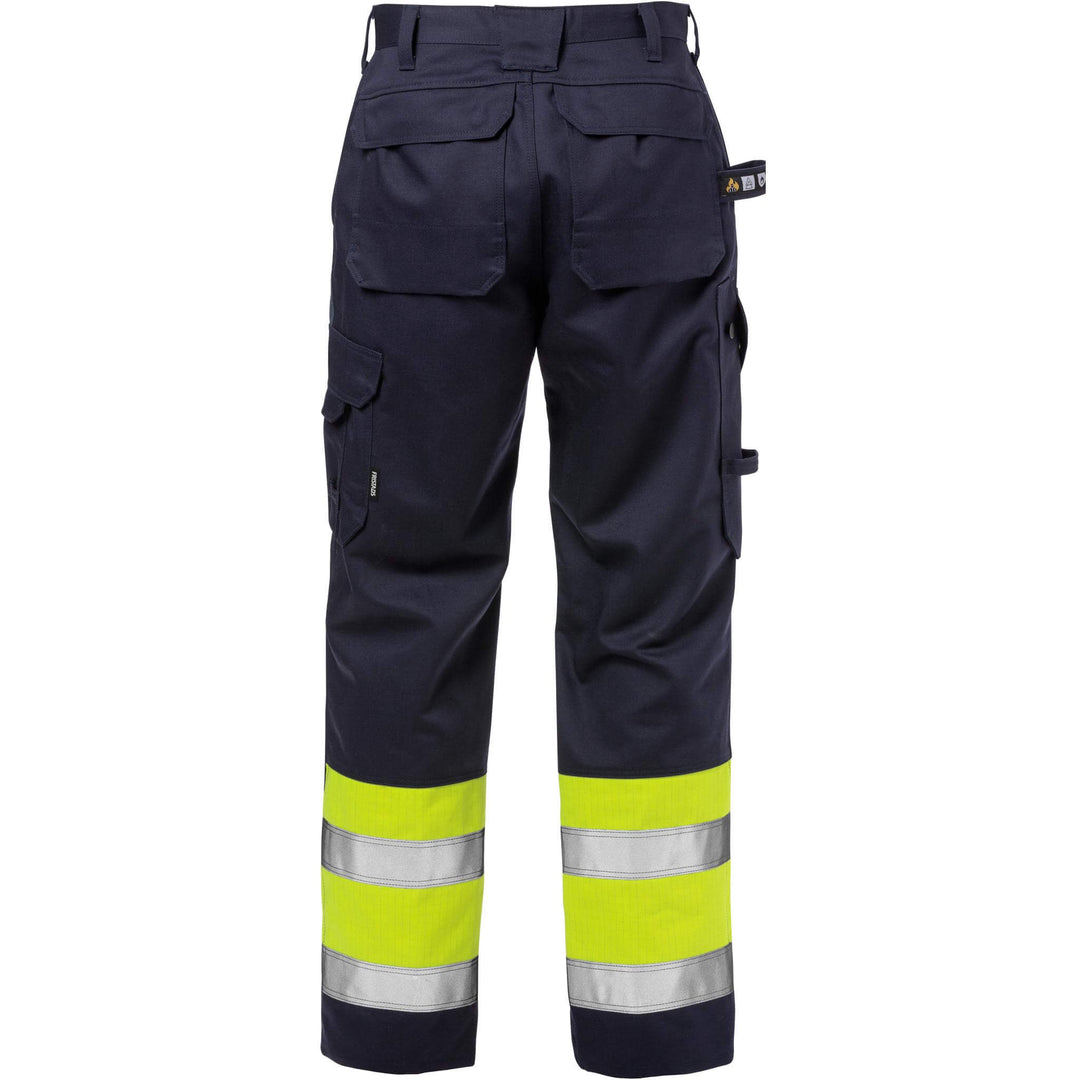 Fristads Flame Retardant Arc and Multi-Protective Hi-Vis Trousers Class 1 - 2587 FLAM Hi-Vis Yellow/Navy Back1#colour_hi-vis-yellow-navy