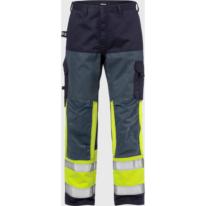 Fristads Flame Retardant Arc and Multi-Protective Hi-Vis Trousers Class 1 - 2587 FLAM Hi-Vis Yellow/Navy Front1#colour_hi-vis-yellow-navy