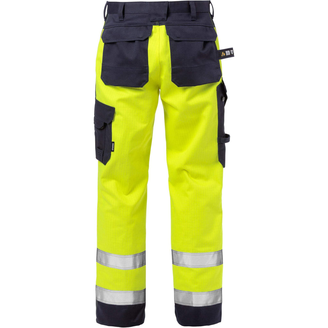 Fristads Flame Retardant Arc and Multi-Protective Hi-Vis Trousers Class 2 - 2585 FLAM Hi-Vis Yellow/Navy Back1#colour_hi-vis-yellow-navy