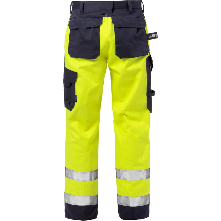 Fristads Flame Retardant Arc and Multi-Protective Hi-Vis Trousers Class 2 - 2585 FLAM Hi-Vis Yellow/Navy Back1#colour_hi-vis-yellow-navy