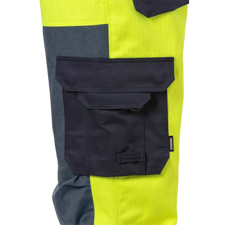 Fristads Flame Retardant Arc and Multi-Protective Hi-Vis Trousers Class 2 - 2585 FLAM Hi-Vis Yellow/Navy Detail1#colour_hi-vis-yellow-navy