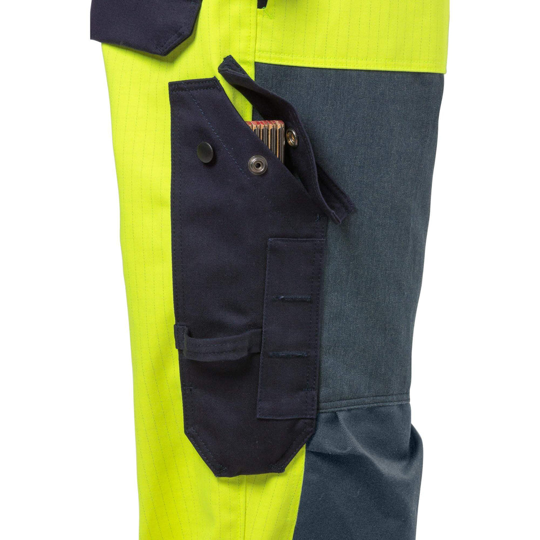 Fristads Flame Retardant Arc and Multi-Protective Hi-Vis Trousers Class 2 - 2585 FLAM Hi-Vis Yellow/Navy Detail2#colour_hi-vis-yellow-navy
