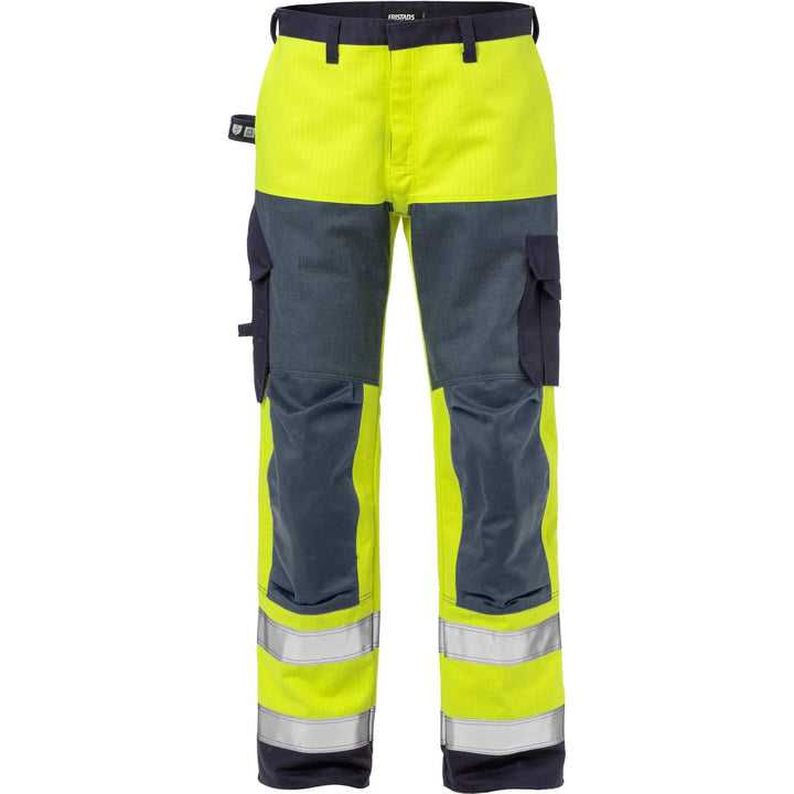 Fristads Flame Retardant Arc and Multi-Protective Hi-Vis Trousers Class 2 - 2585 FLAM Hi-Vis Yellow/Navy Front1#colour_hi-vis-yellow-navy