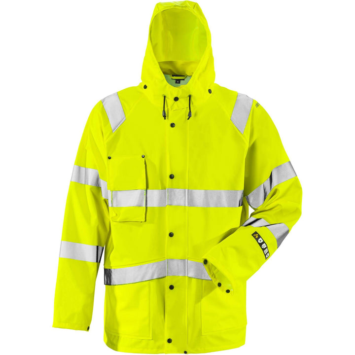 Fristads Flame Retardant Hi-Vis Waterproof Breathable Rain Jacket Class 3 - 4845 RSHF Hi-Vis Yellow Front1#colour_hi-vis-yellow