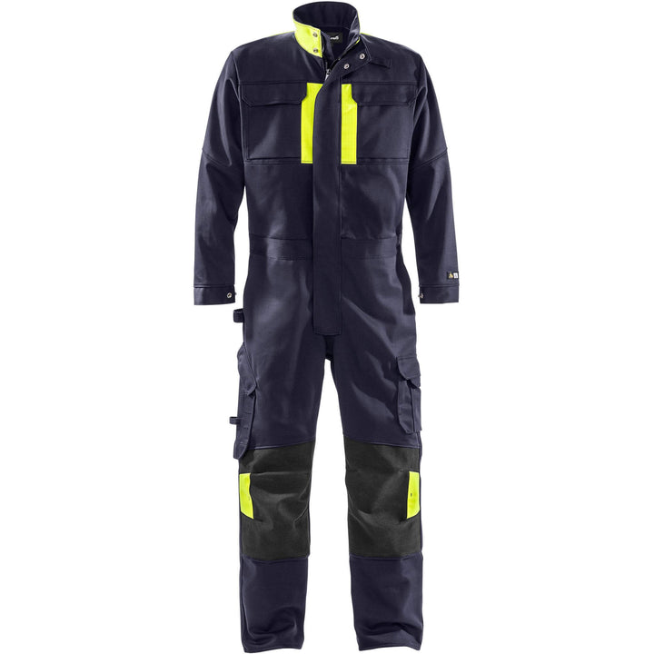 Fristads Flame Retardant Welding Coverall 8044 - WEL Navy/Hi-Vis Yellow Front1#colour_navy-hi-vis-yellow