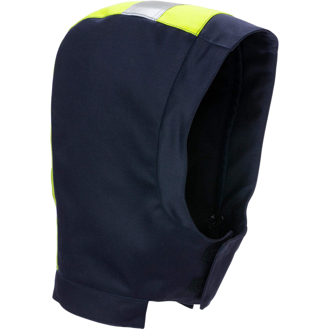 Fristads Flame Retardant Winter Hood - 9588 FLAM Hi-Vis Yellow/Navy Front1#colour_hi-vis-yellow-navy