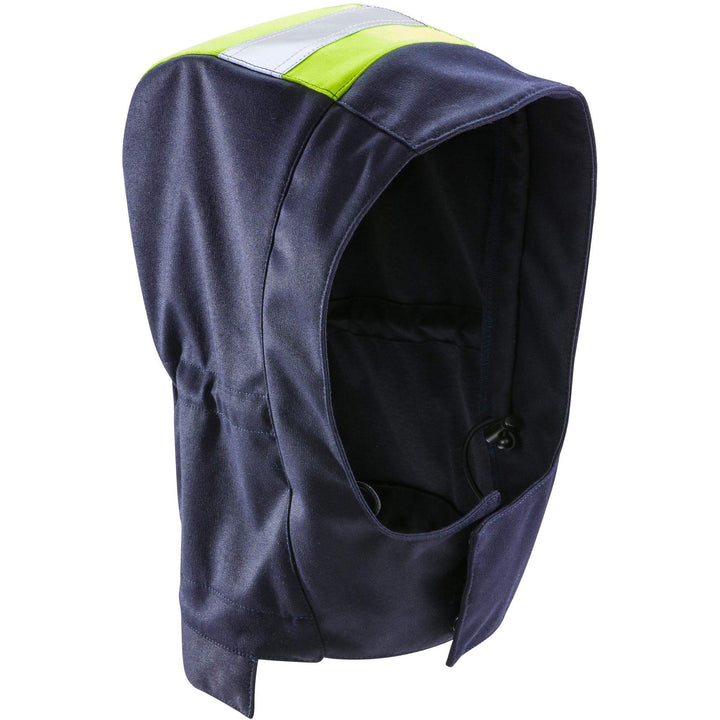 Fristads Flamestat Arc and Flame Retardant Softshell Hood - 4077 FSS Hi-Vis Yellow/Navy Front1#colour_hi-vis-yellow-navy