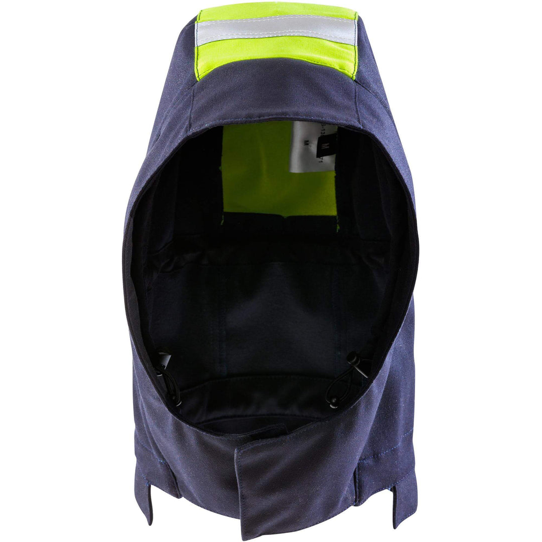 Fristads Flamestat Arc and Flame Retardant Softshell Hood - 4077 FSS Hi-Vis Yellow/Navy Front2#colour_hi-vis-yellow-navy