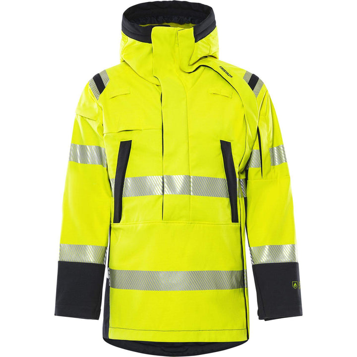 Fristads Flamestat Arc and Multi-Protective Flame Retardant Hi-Vis Softshell Anorak Jacket Class 3 - 4019 FSS Hi-Vis Yellow/Navy Front1#colour_hi-vis-yellow-navy