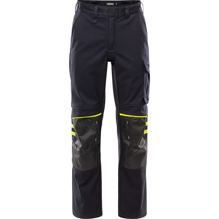 Fristads Flamestat Arc and Multi-Protective Flame Retardant Stretch Trousers - 2180 FSS Dark Navy/Hi-Vis Yellow Front1#colour_dark-navy-hi-vis-yellow