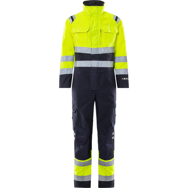 Fristads Flamestat Hi-Vis Arc and Multi-Protective Flame Retardant Coverall Class 3 - 8175 ATHS Hi-Vis Yellow/Navy Front1#colour_hi-vis-yellow-navy