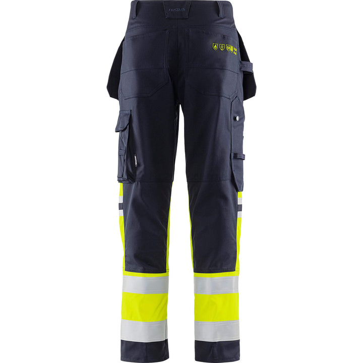 Fristads Flamestat Hi-Vis Arc and Multi-Protective Flame Retardant Craftsman Stretch Trousers Class 1 - 2163 ATHF Hi-Vis Yellow/Navy Back1#colour_hi-vis-yellow-navy