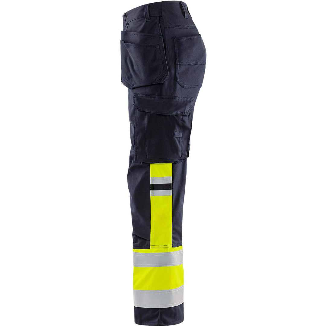 Fristads Flamestat Hi-Vis Arc and Multi-Protective Flame Retardant Craftsman Stretch Trousers Class 1 - 2163 ATHF Hi-Vis Yellow/Navy Back2#colour_hi-vis-yellow-navy