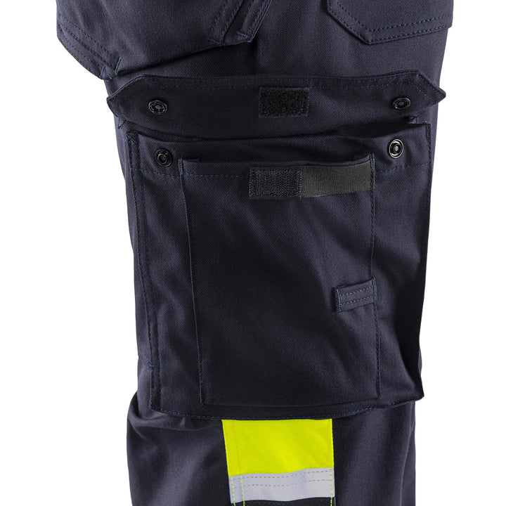 Fristads Flamestat Hi-Vis Arc and Multi-Protective Flame Retardant Craftsman Stretch Trousers Class 1 - 2163 ATHF Hi-Vis Yellow/Navy Detail1#colour_hi-vis-yellow-navy