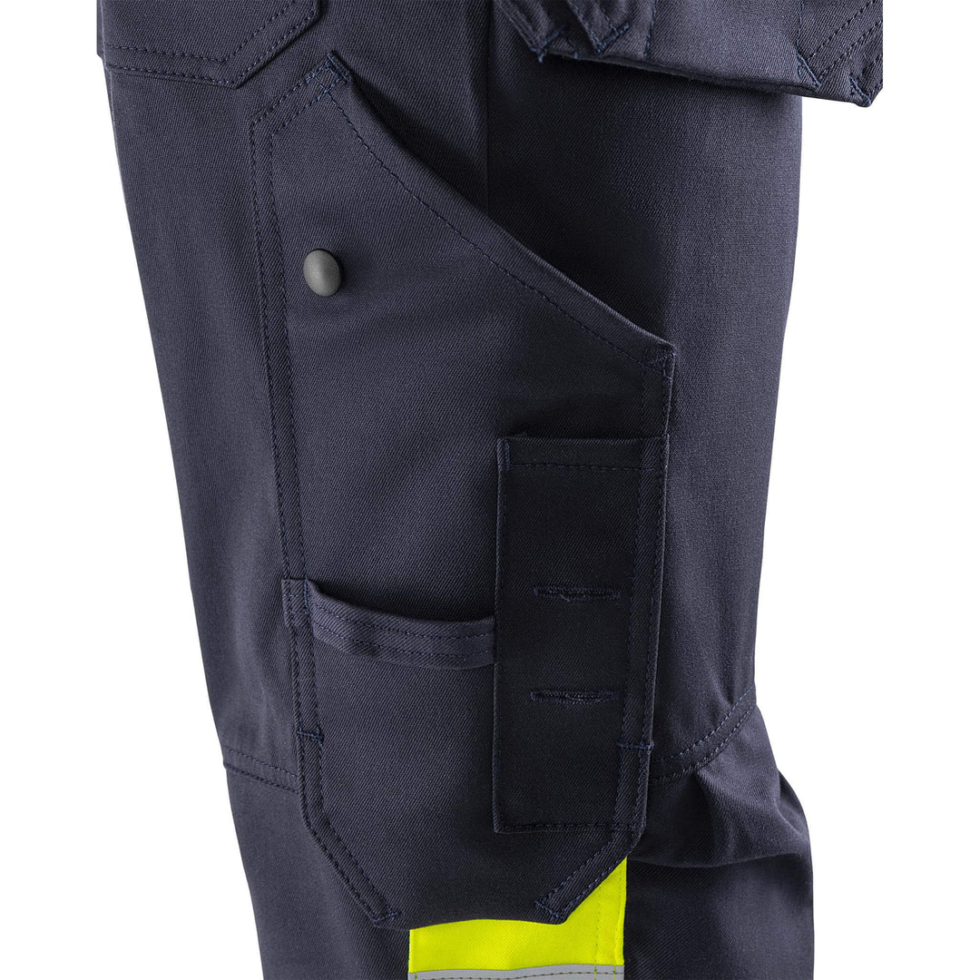 Fristads Flamestat Hi-Vis Arc and Multi-Protective Flame Retardant Craftsman Stretch Trousers Class 1 - 2163 ATHF Hi-Vis Yellow/Navy Detail2#colour_hi-vis-yellow-navy